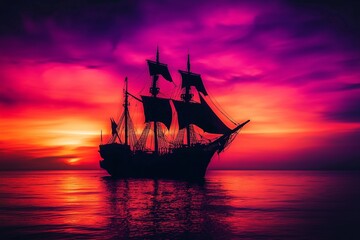 Obraz premium Dark Silhouette of a Pirate Ship Against a Glowing Orange and Purple Halloween Sunset
