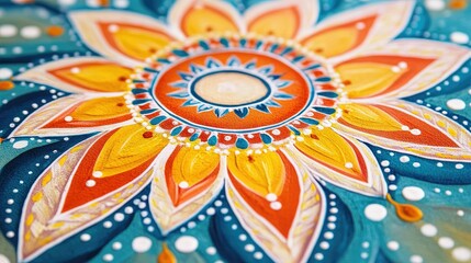 Close-up of a hand-painted South Asian mandala with a plain background, ideal for adding quotes or messages.