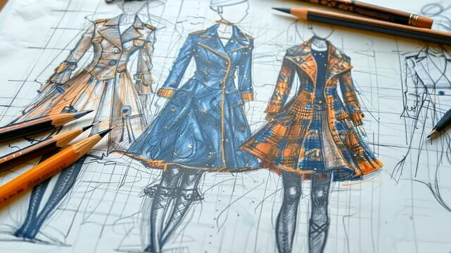 Fashion design sketches of elegant coats created in a studio setting