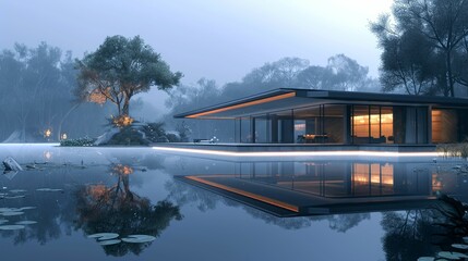 Obraz premium Modern House with a Pond Reflection in a Foggy Forest