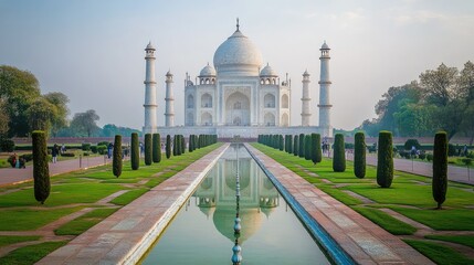 Obraz premium Majestic view of the Taj Mahal from a distance with an empty foreground for text. Iconic symbol of love.