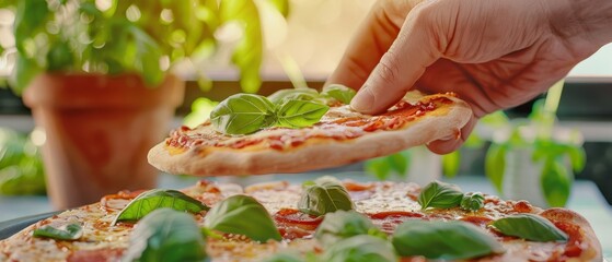  A tight shot of someone reaching for a pizza slice on a table, nearby a potted plant in the background