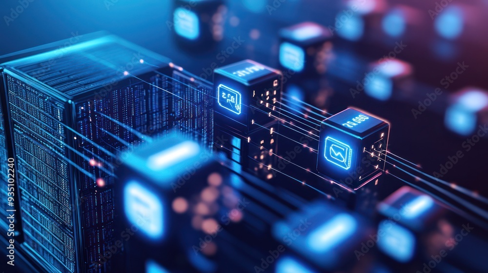 Poster data network with glowing servers and data transfer