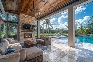High-end outdoor fireplace with stone paver flooring and wood ceiling, pool view from covered patio with sliding glass doors, sunny day with clouds in Florida.