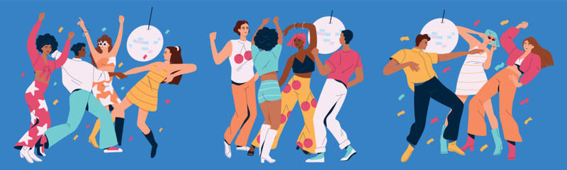 Set of people at disco party. Crowd of happy men and women in retro clothes dancing at disco. Hangout at nightclub. Friends have fun and celebrate. Flat vector illustration isolated on background