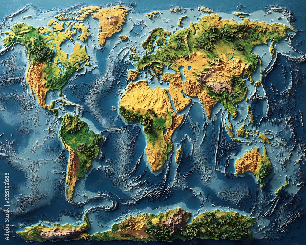 Poster illustrated map of the world with projected sea level rises highlighting vulnerable coastal areas an
