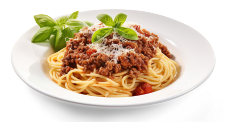 Spaghetti bolognese with rich meat sauce, on isolated transparent background