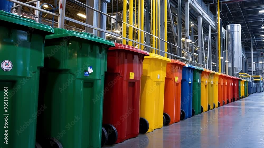 Poster row of colorful industrial garbage containers are standing in a waste sorting plant, demonstrating a