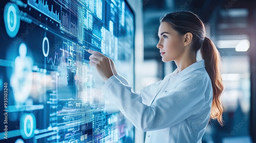 Poster woman in lab coat interacts with a digital screen. this image depicts technological advancement and 