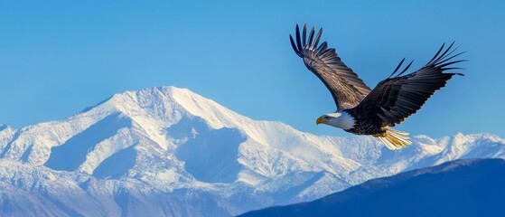 Majestic Bald Eagle Soaring Over Snow-Capped Mountain Range - Wilderness Preservation Campaign Concept
