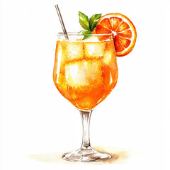 Orange cocktail drink With sliced ​​orange. Watercolor clipart on a white background.[A-0004]
