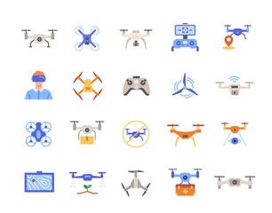 Fototapeta premium Drone Icon Set. Colorful signs with wireless copter with video camera and remote controller. Design element for app and website. Flat vector illustration collection isolated on white background