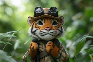 Explorer Tiger: A tiger in a safari outfit with a hat and binoculars, standing in the jungle