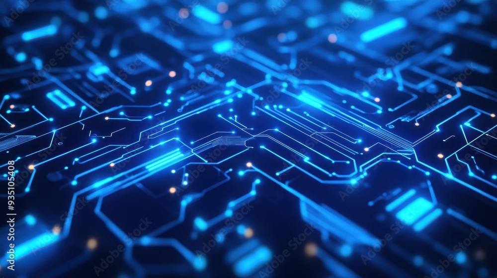 Poster a digital circuit board design with glowing blue lines and nodes, representing technology.