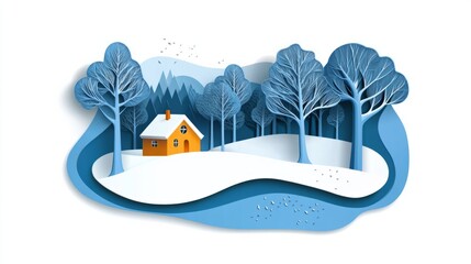Naklejka premium Paper art style of trees, foggy sky, and a cabin in a white background