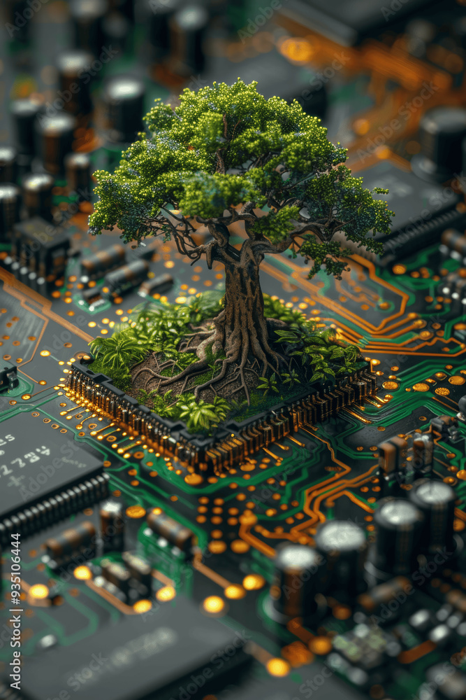 Poster tree growing from computer motherboard fusion of nature and technology