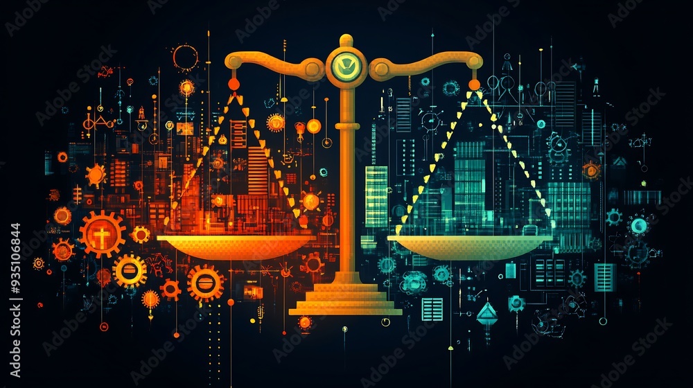 Poster illustration depicting a balance scale with renewable energy on one side and fossil fuels on the oth