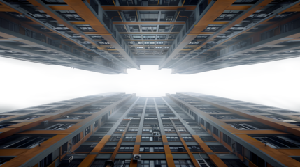 A view of a large building from below, with a hazy sky in the background.