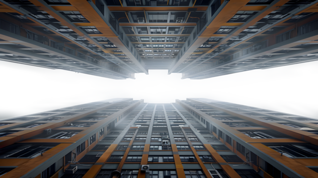 A view of a large building from below, with a hazy sky in the background.