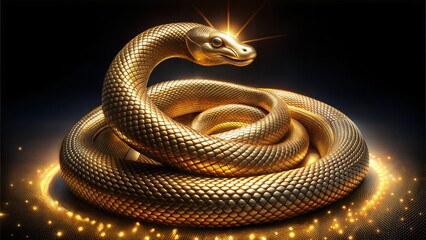 Fototapeta premium Golden Snake Coiled in Glowing Ring on Black Background