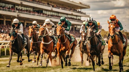 Spring Racing Carnival, horses galloping on the lush green track, background of spectator stands full of cheering people,