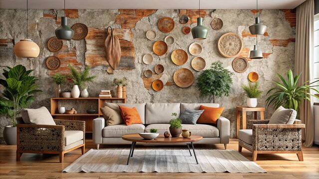 aged terracotta pottery fragments mixed with smooth concrete in eclectic decorative accent wall adding whimsical bohemian flair to modern living room