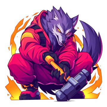 Anthropomorphic Wolf in Red Holding a Sledgehammer