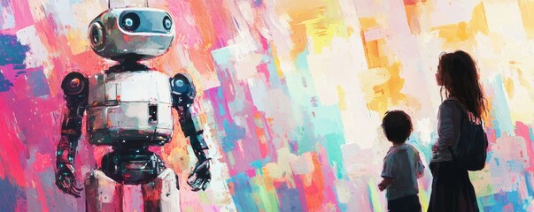 A colorful scene featuring a robot interacting with a child and an adult, blending technology and imagination in a vibrant setting.