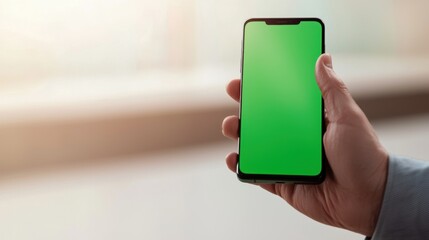 Modern Technology in a Minimalist Kitchen - Hand Holding Smartphone with Green Screen in Bright Setting
