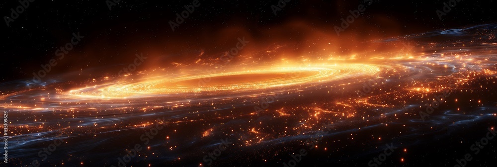 Poster illustration of a black hole surrounded by a 3d accretion disk with 2d gas and dust swirling towards