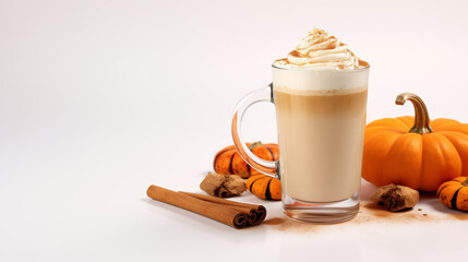 Pumpkin spice latte in a glass mug with cinnamon with Autumn decoration