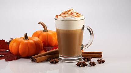 Pumpkin spice latte in a glass mug with cinnamon with Autumn decoration