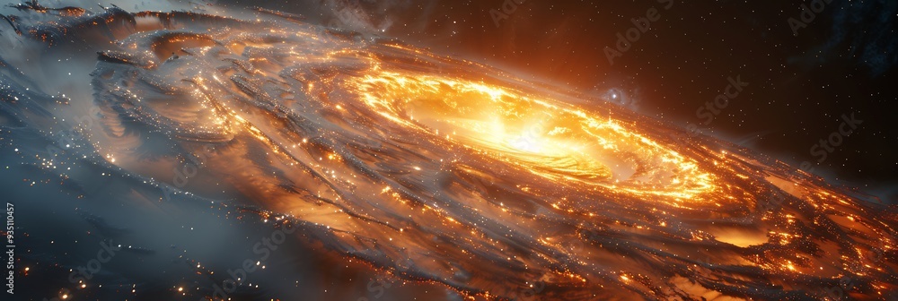 Poster illustration of a black hole surrounded by a 3d accretion disk with 2d gas and dust swirling towards