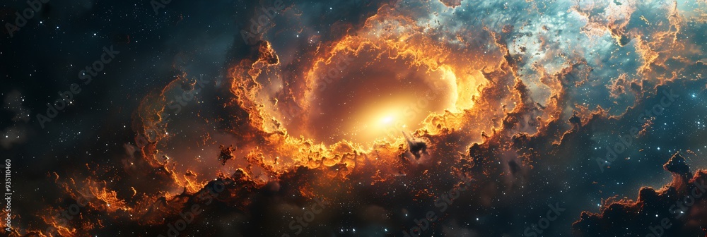 Poster illustration of a black hole surrounded by a 3d accretion disk with 2d gas and dust swirling towards