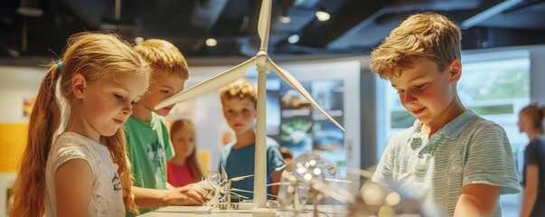 Children explore renewable energy through hands-on activities at a science exhibit, fostering curiosity and learning.