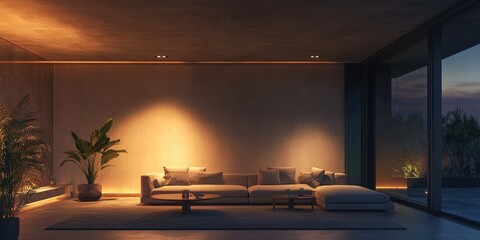 Living room scene at night with lamp light, comfortable sofa and large windows with views outside. Wall mockup concept in contemporary style living room design. 3D rendering