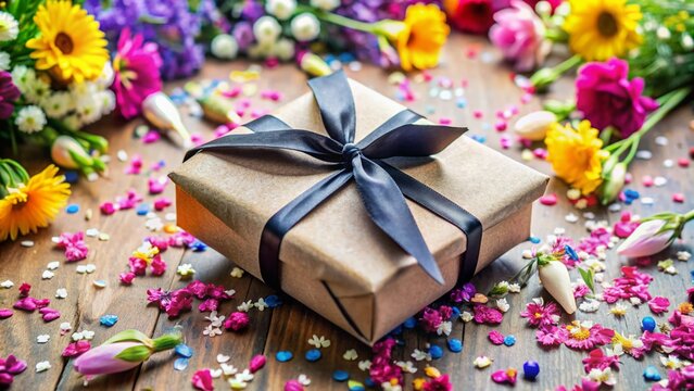 A beautifully wrapped present with a mortarboard and diploma on top, surrounded by confetti and flowers, symbolizing a memorable graduation day celebration.