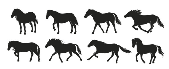 Set of silhouettes of horse. Icons with dark figures of galloping, running and moving horses. Silhouettes of animal or mammal. Flat vector illustration collection isolated on white background