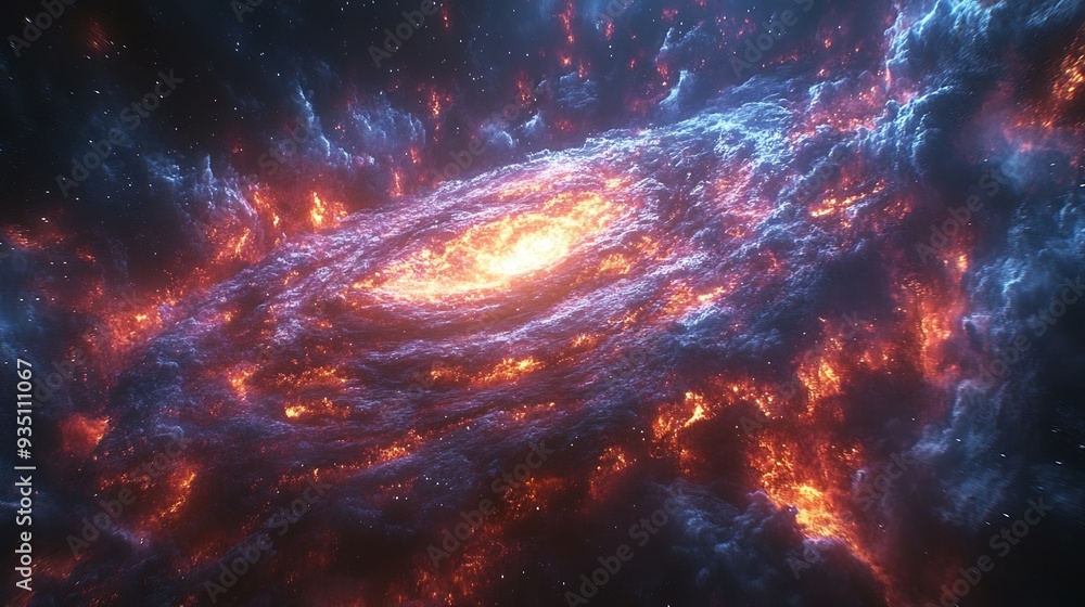 Poster illustration of a black hole with a 3d accretion disk surrounded by 2d streams of matter being pulle