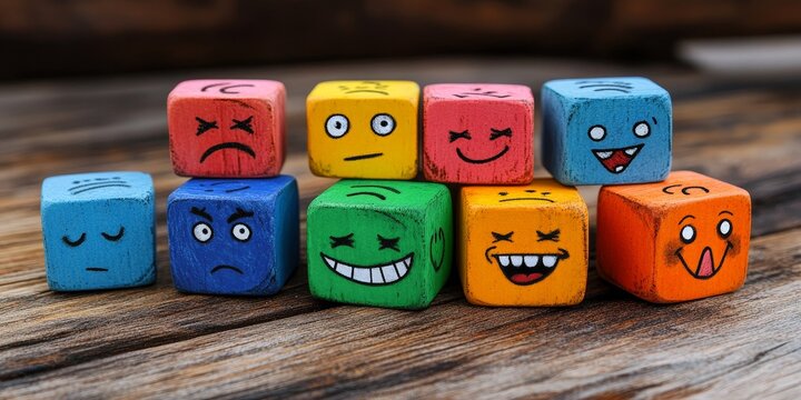 Colorful Emotion Cubes Displayed on Wooden Surface