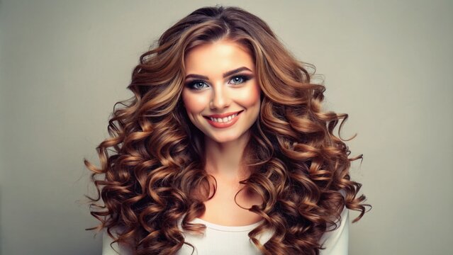 A beautiful young woman with luscious curly brown hair and bright smile poses confidently in a white background, showcasing her stunning hairstyle.