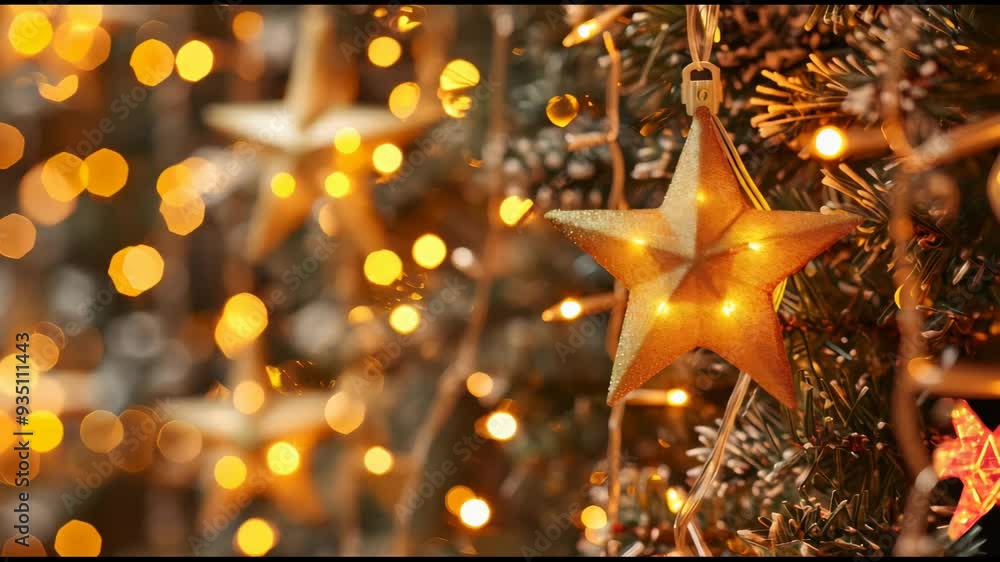 Aufkleber a star is hanging from a tree with lights around it. the star is lit up and the lights around it cre
