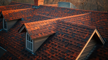 Naklejka premium The warm colors of red and brown roof tiles shine softly in the evening light as they cover a suburban home, set amidst trees in autumn