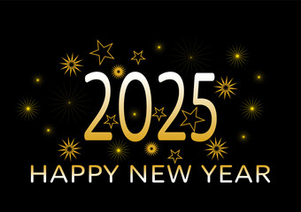 Happy New Year 2025 with golden fireworks on a black background. For cards, wallpaper, websites, postcards and posters.