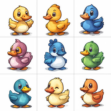 Set of cute duck cartoons on white background for memory games on white background, generated ai
