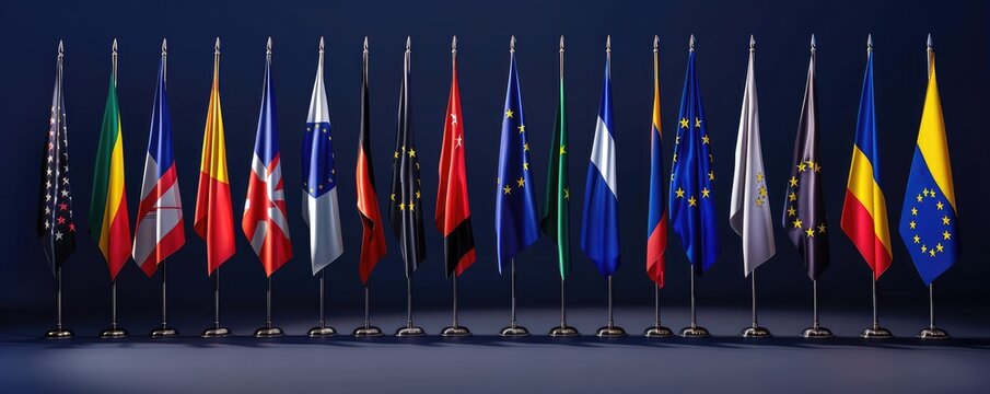 Row of various national flags displayed on poles.