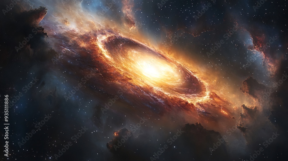 Poster illustration of a black hole with a 3d accretion disk surrounded by 2d streams of matter being pulle