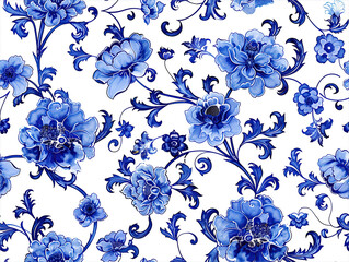 Seamless blue chinese style flowers on white background