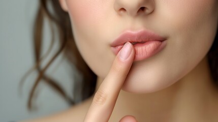 Fototapeta premium Close-up of a woman touching her soft pink lips with her finger against a neutral background.