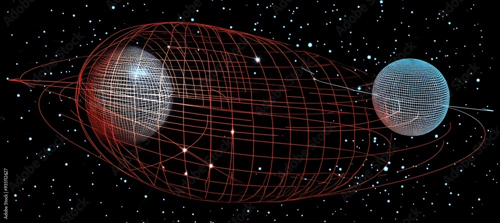 Poster illustration of a black hole where 3d particles attempt to reach escape velocity but are pulled back